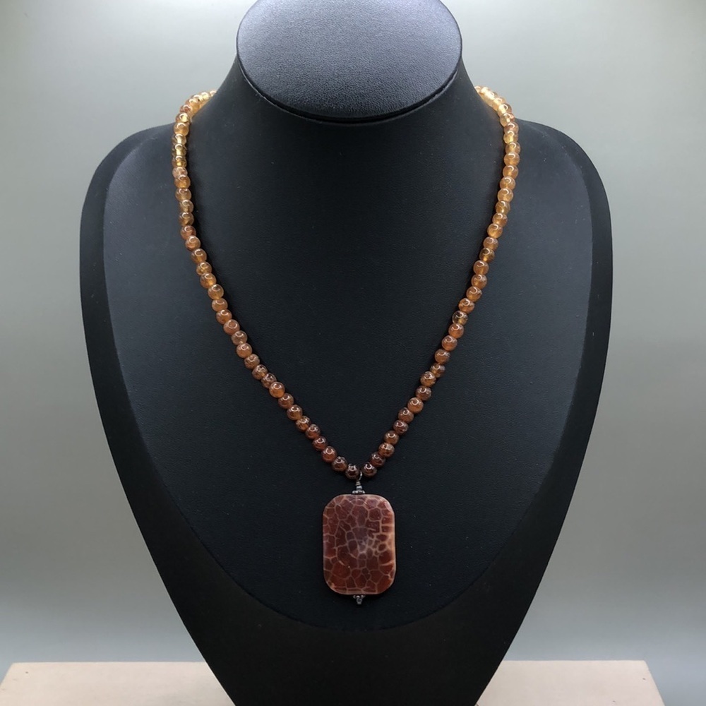 Fire Agate Beaded Necklace Pendant Sterling Silver 925 Vintage Artisan Ombre